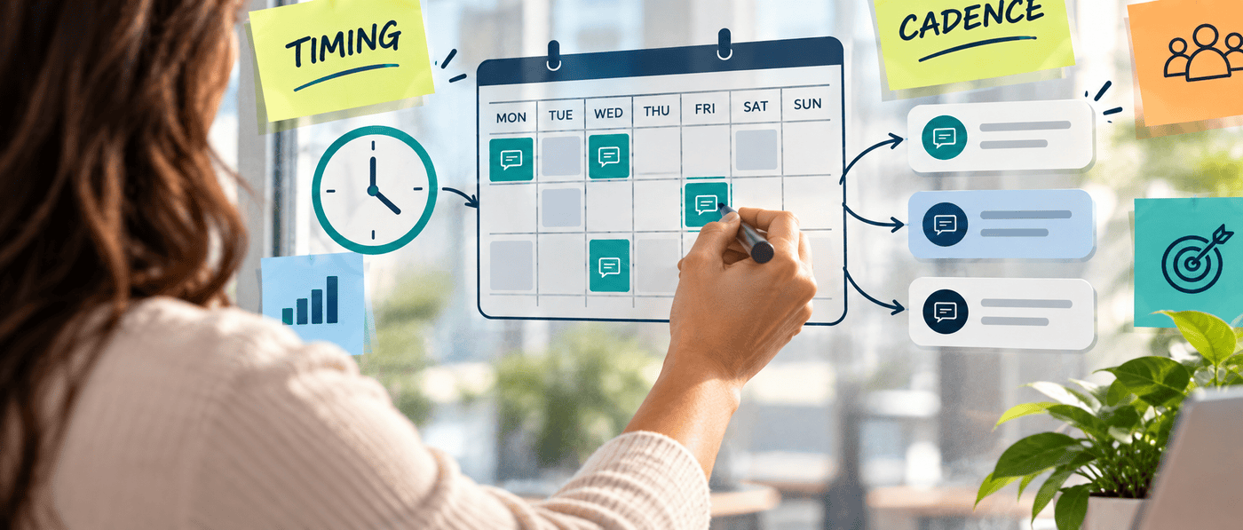 Planning SMS send timing and cadence on a weekly calendar board